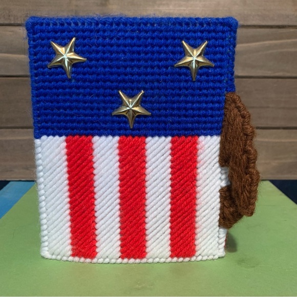 Handmade Finished Plastic Canvas Cube Tissue Holder Bald Eagle American Flag - Picture 5 of 7